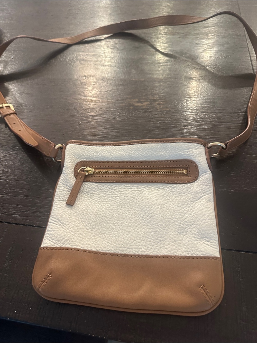 Talbots White and Brown Pebbled Leather Crossbody Messenger
